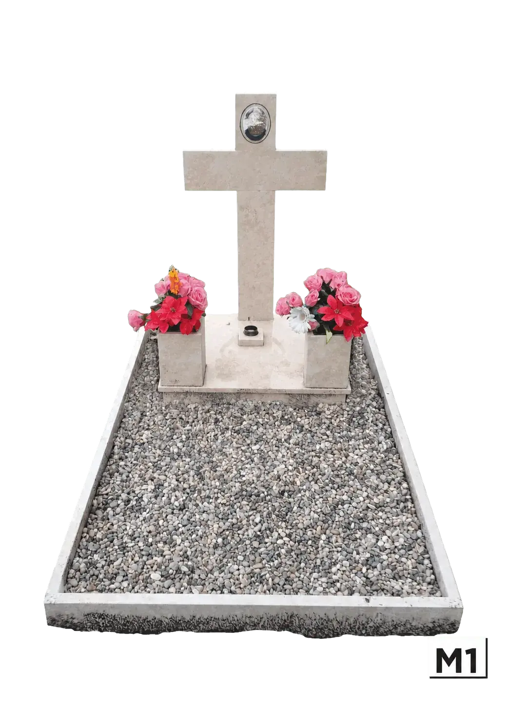Monumentino con croce e letto di ghiaia — Bianco