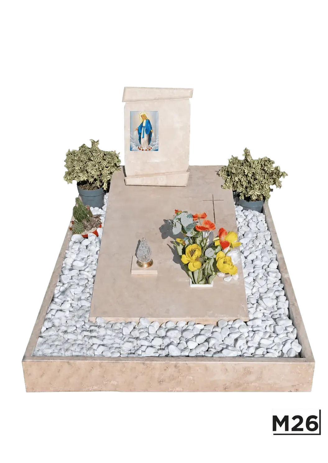 Monumentino con Madonna e ghiaia bianca — Travertino