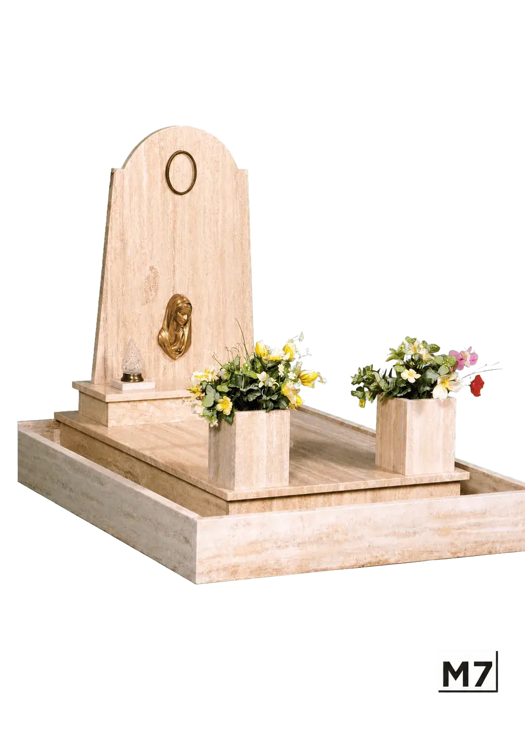 Monumentino con stele ad arco e fioriere — Travertino