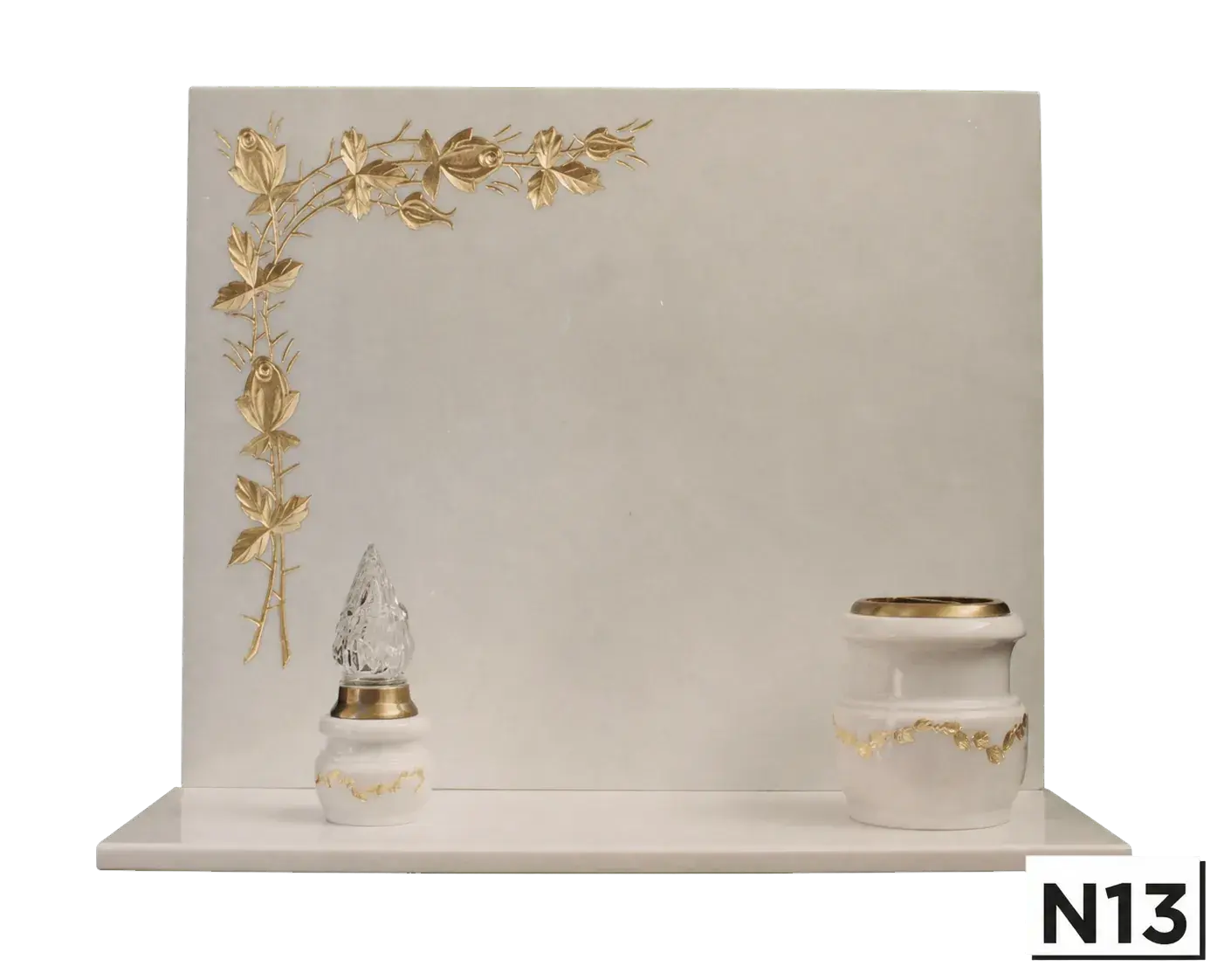 Lapide bianca con tralcio di rose inciso in oro — Bianco