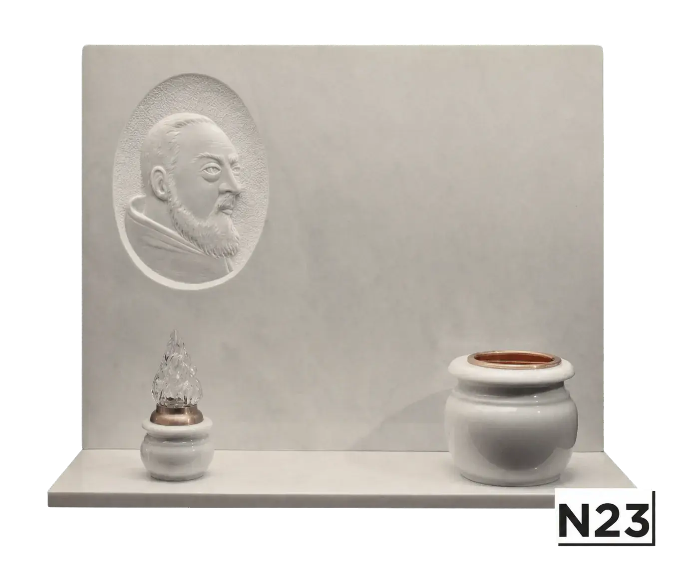 Lapide bianca con scultura Padre Pio — Bianco